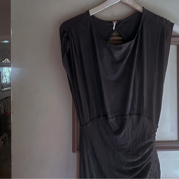 Draped & Cinched Cascading High-Leg Slit Long Black Dress w/ a High Neck - Picture 5 of 5